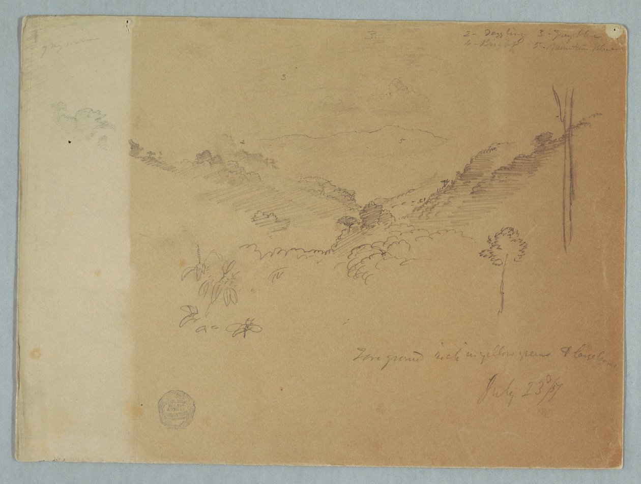 Dibujo, Paisaje montañoso cerca de Jorje, Ecuador, 23 de julio de 1857 de Frederic Edwin Church