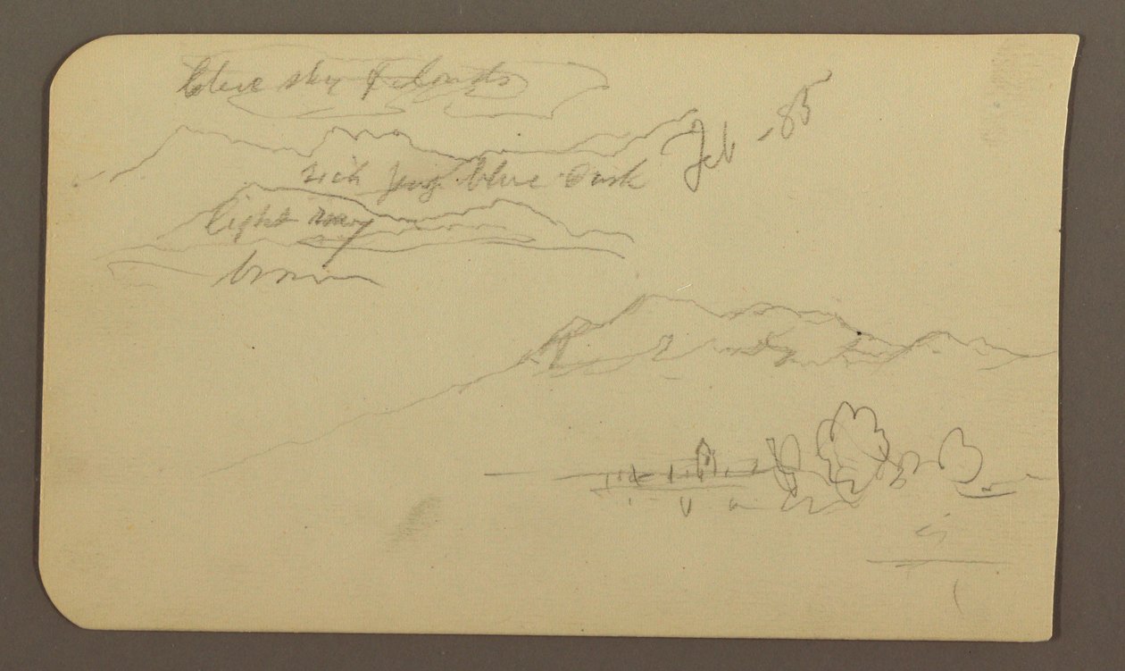 Dibujo, Cordillera, Cuautla, Iglesia; reverso: Caballo agazapado, anotaciones sobre el paisaje, febrero de 1885. de Frederic Edwin Church