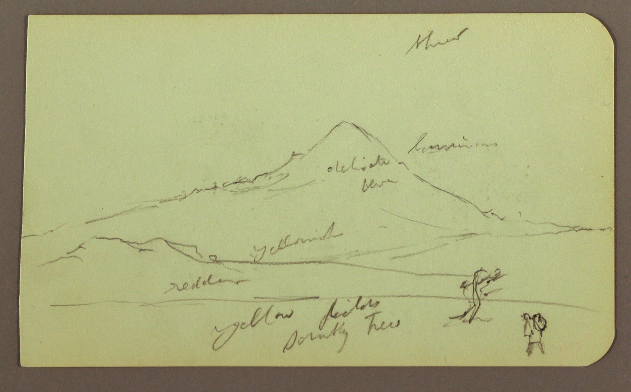 Dibujo, Montaña, árbol, figura; Verso: iglesia, árbol, 1883 de Frederic Edwin Church