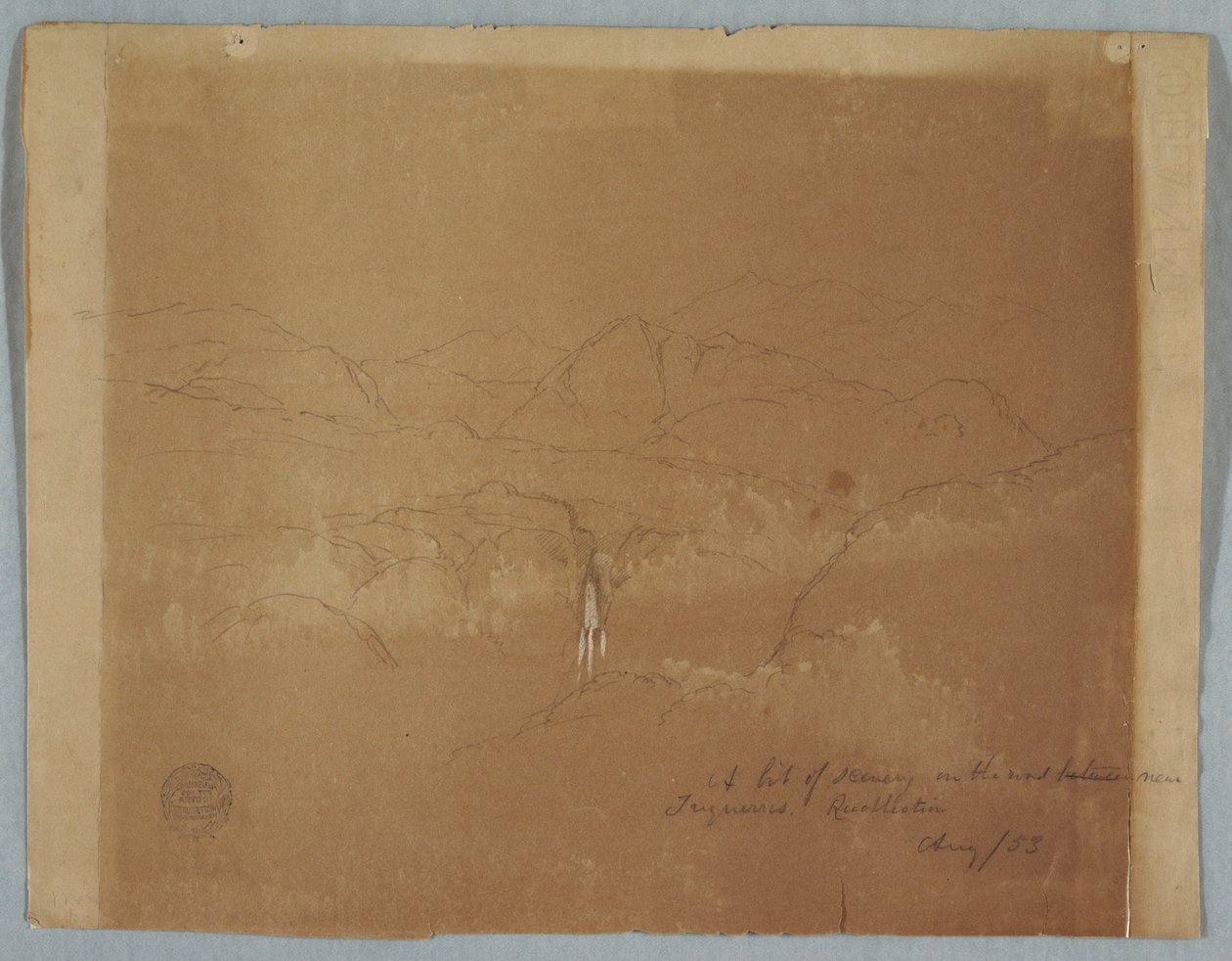 Dibujo, Paisaje montañoso con una cascada, cerca de Tuquerres, Colombia, agosto de 1853 de Frederic Edwin Church