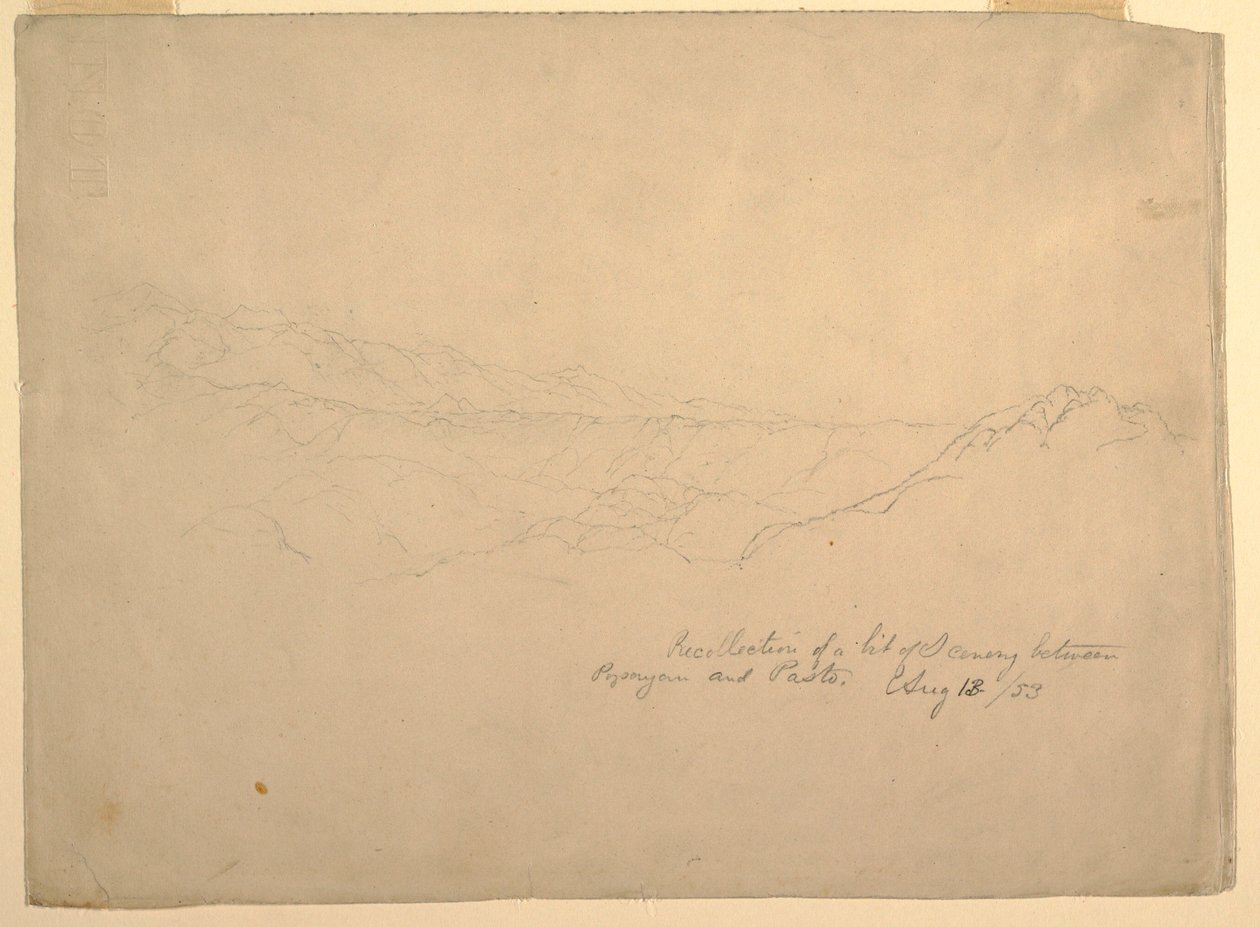 Dibujo, Paisaje montañoso entre Popayán y Pasto, Colombia, 13 de agosto de 1853 de Frederic Edwin Church