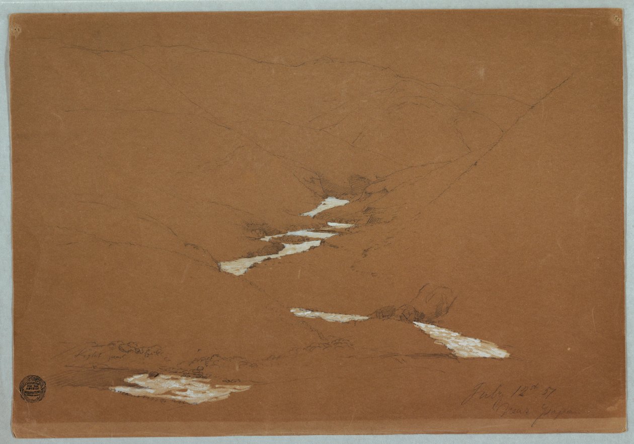 Dibujo, Valle montañoso estrecho con arroyo en cascada cerca de Ysapan, Ecuador, 12 de julio de 1857 de Frederic Edwin Church