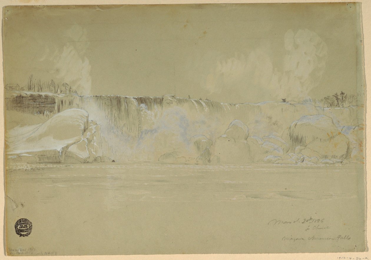 Dibujo, Cataratas del Niágara nevadas, desde el noroeste, 20 de marzo de 1856 de Frederic Edwin Church