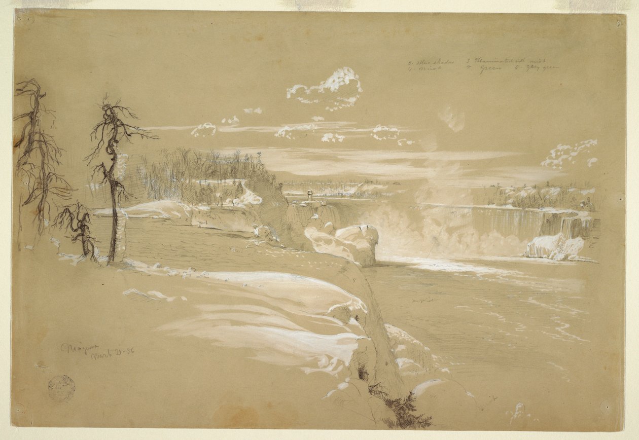 Dibujo, Cataratas del Niágara en invierno, 21 de marzo de 1856 de Frederic Edwin Church