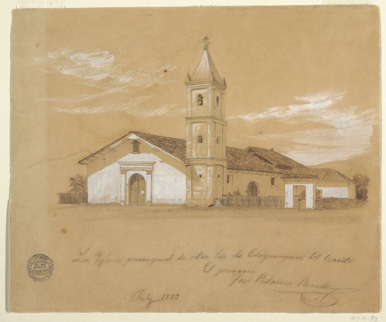 Dibujo, Iglesia Parroquial de Nuestra Señora de Chiquinquirá del Cerrito,Chiquinquirá, Colombia, julio de 1853. de Frederic Edwin Church