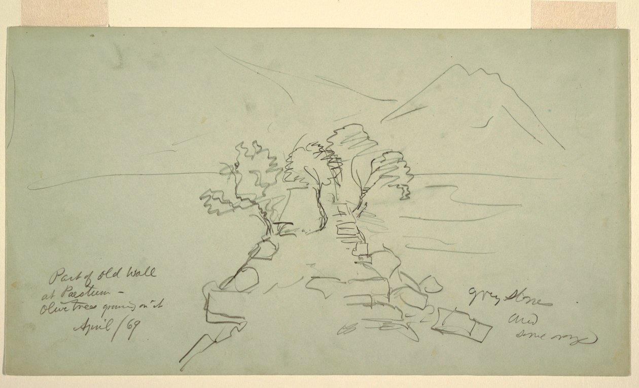 Dibujo, Parte de la antigua muralla de Paestum, olivos creciendo en ella, abril de 1869 de Frederic Edwin Church