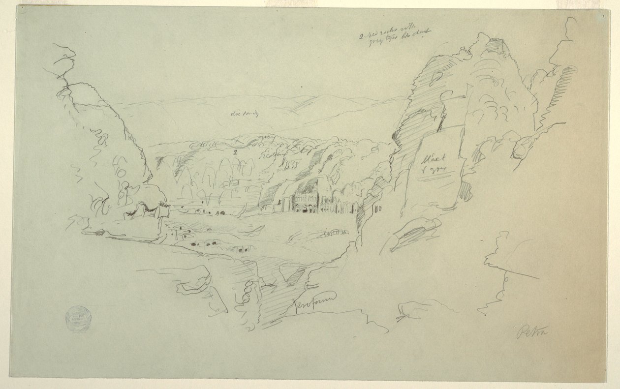 Dibujo, Petra, Jordania desde el oeste, mostrando el palacio y las tumbas corintias, 26 de febrero de 1868. de Frederic Edwin Church