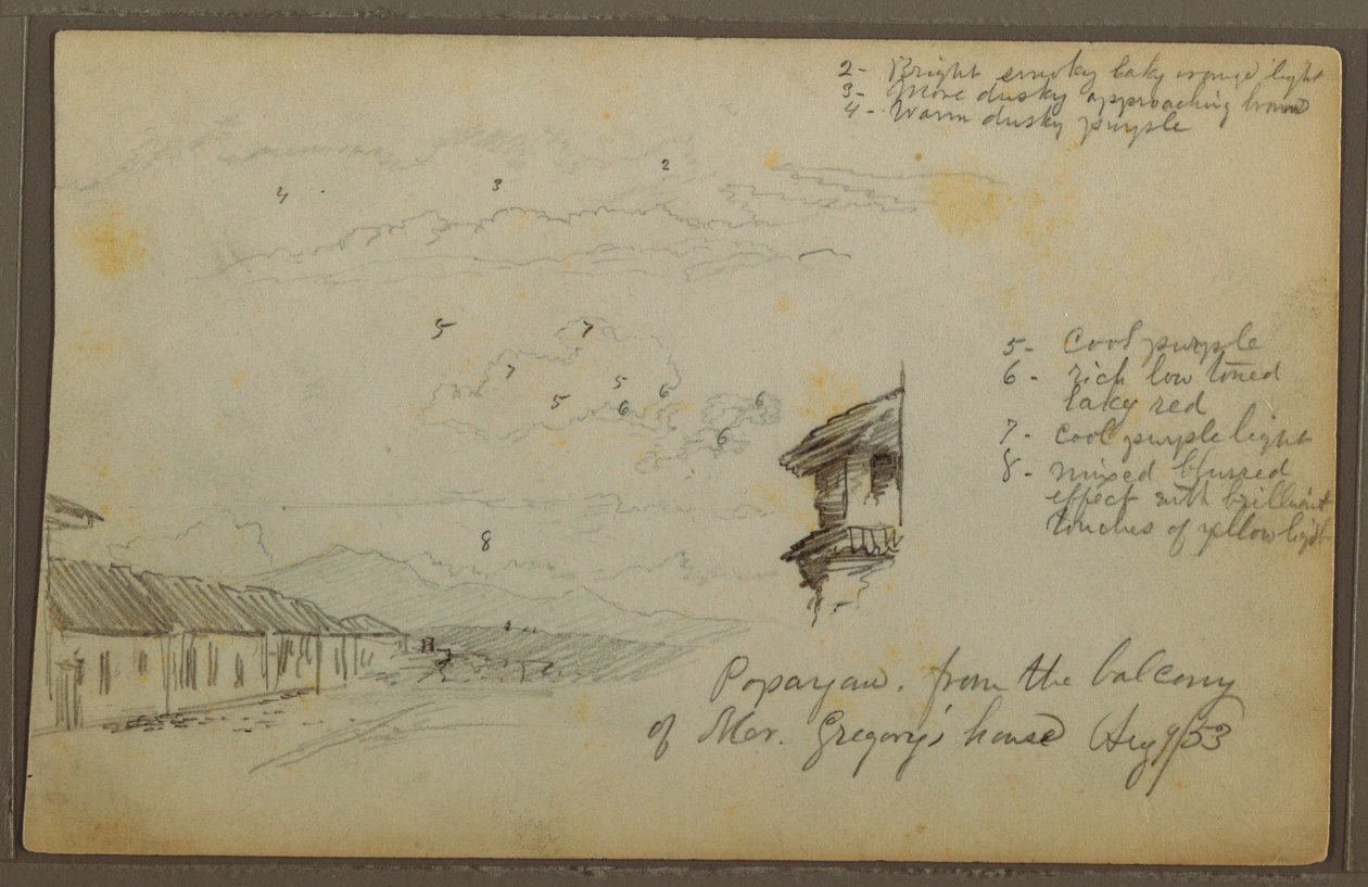 Dibujo, Popayán, Colombia; Verso: Paisaje montañoso, Colombia, 9 de agosto de 1853. de Frederic Edwin Church