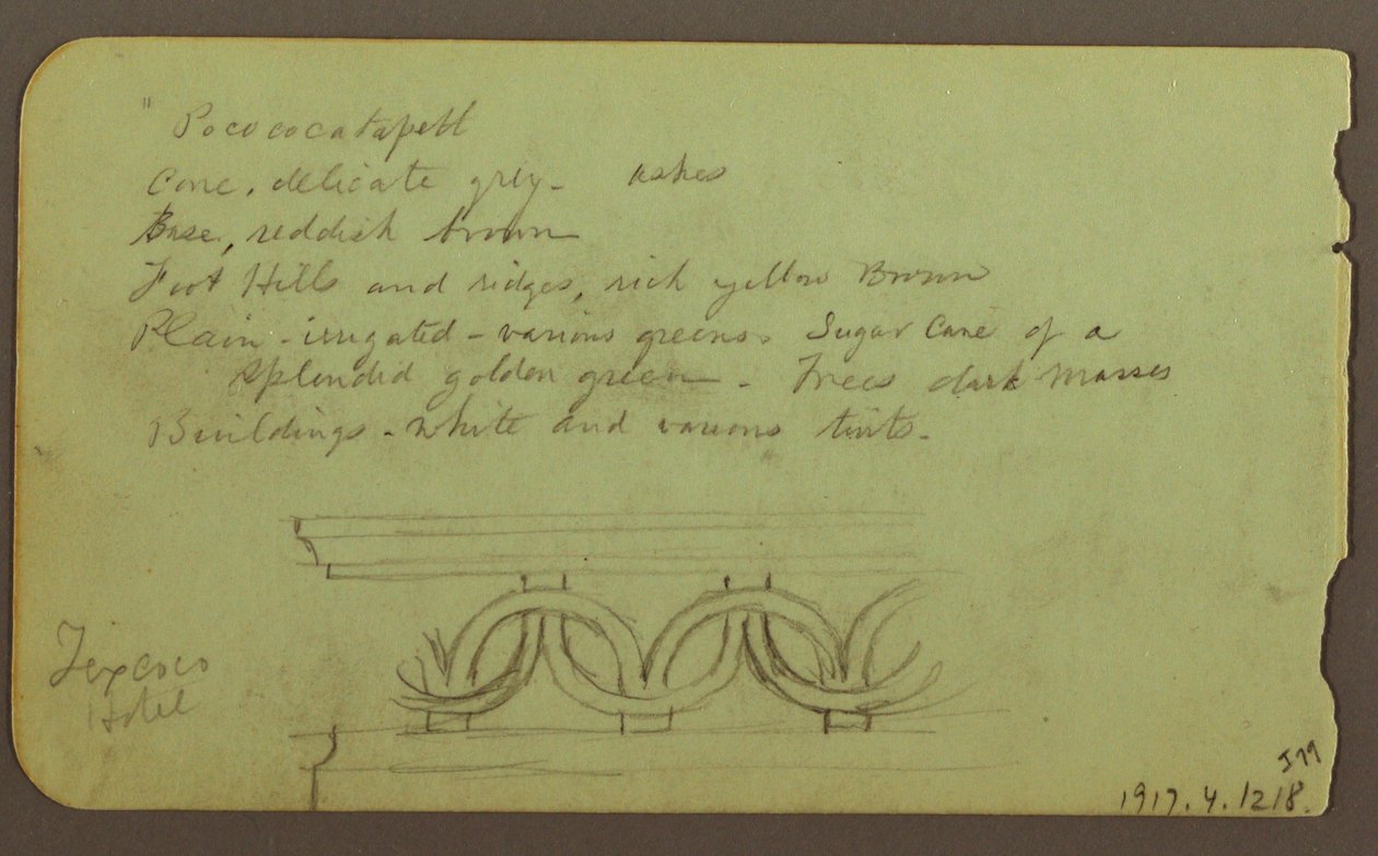 Dibujo, Popocatapel; Verso: Friso del Hotel Texcoco, 18 de diciembre de 1883 de Frederic Edwin Church