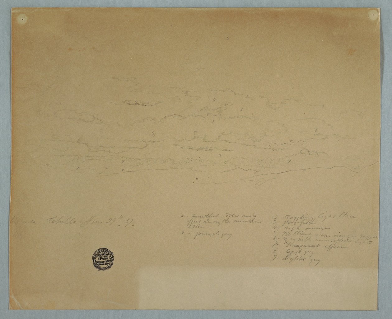 Dibujo, Lluvia cayendo de un cielo nublado sobre crestas montañosas, Hacienda Chillo, Ecuador, 27 de julio de 1857 de Frederic Edwin Church