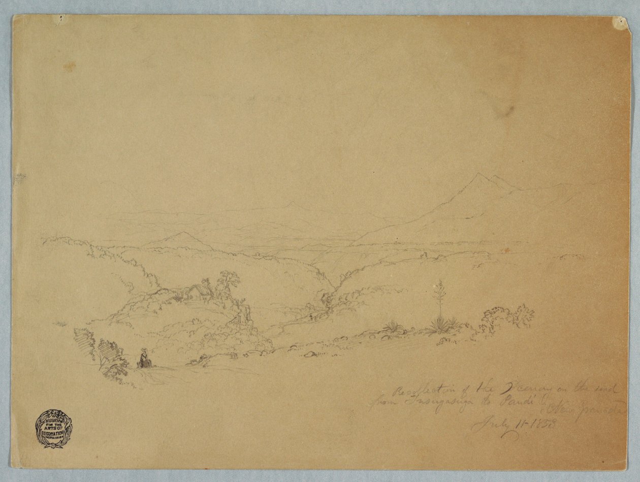 Dibujo, Recuerdo del paisaje en el camino de Fusugasuga a Pandi, Nueva Granda, Colombia, 11 de julio de 1853. de Frederic Edwin Church