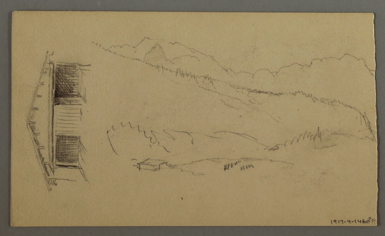 Dibujo, tejados, puerta, picos de montaña, agosto de 1868 de Frederic Edwin Church