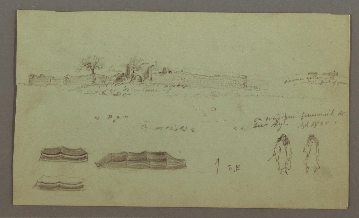 Dibujo, Ruinas rodeadas de muros, tiendas, dos estudios de figuras, 28 de abril de 1868 de Frederic Edwin Church