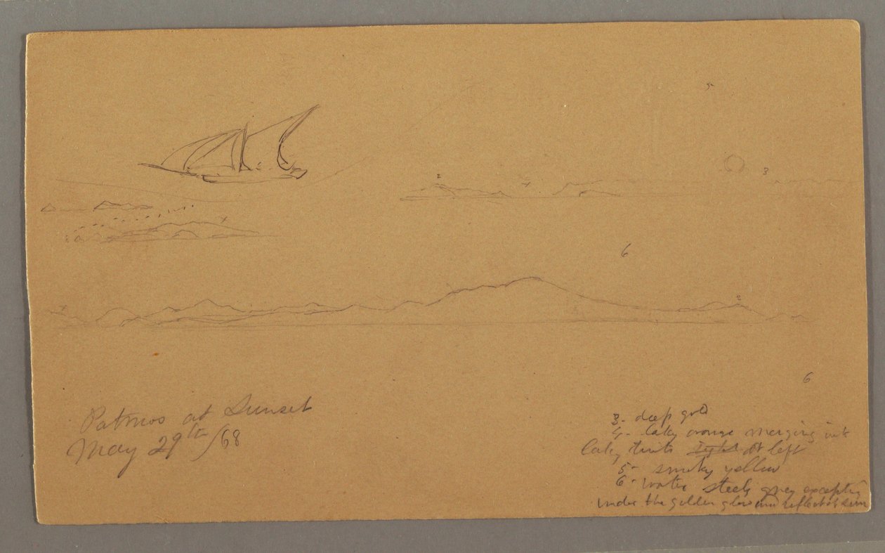 Dibujo, Velero, Costa montañosa, Islas, 29 de mayo de 1868 de Frederic Edwin Church