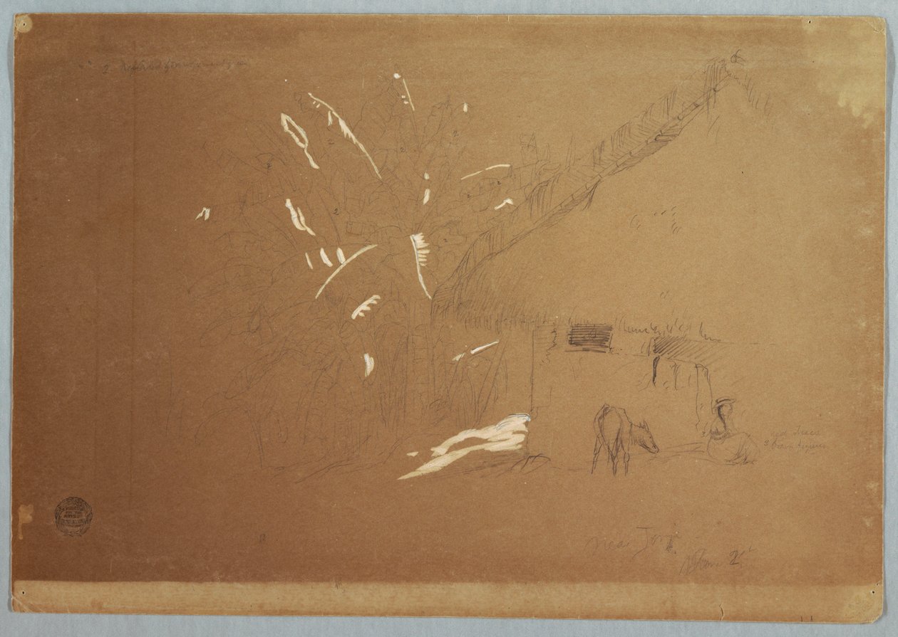 Dibujo, Mujer sentada y burro pastando ante una casa cerca de Jorje, Ecuador, 23 de junio de 1857. de Frederic Edwin Church