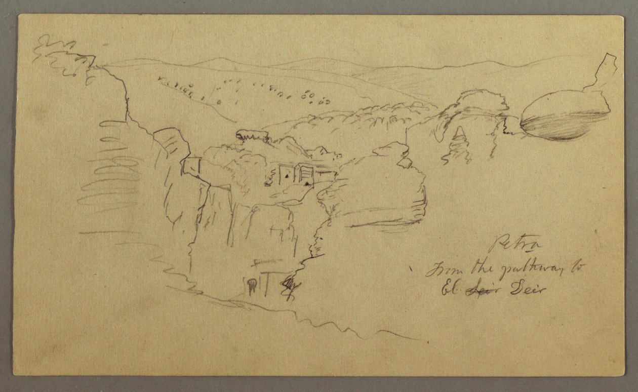 Dibujo, Boceto. Vista de Khirbet en Wasara "Petra / desde el camino a / El Deir", posiblemente 1868, 26 de febrero. de Frederic Edwin Church
