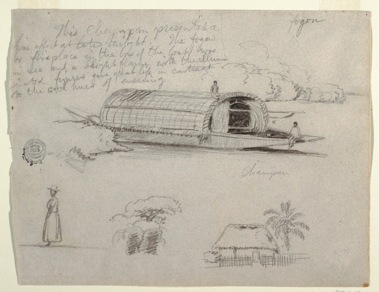 Dibujo, Bocetos de Colombia - Embarcación Fluvial (Champán), una Mujer, Grupo de Árboles, una Casa de Frederic Edwin Church