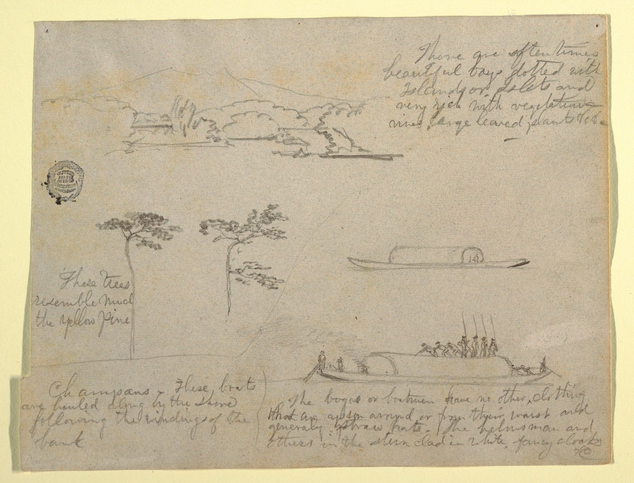 Dibujo, Bocetos de Colombia: Árboles y embarcaciones fluviales (Champans), 1853 de Frederic Edwin Church