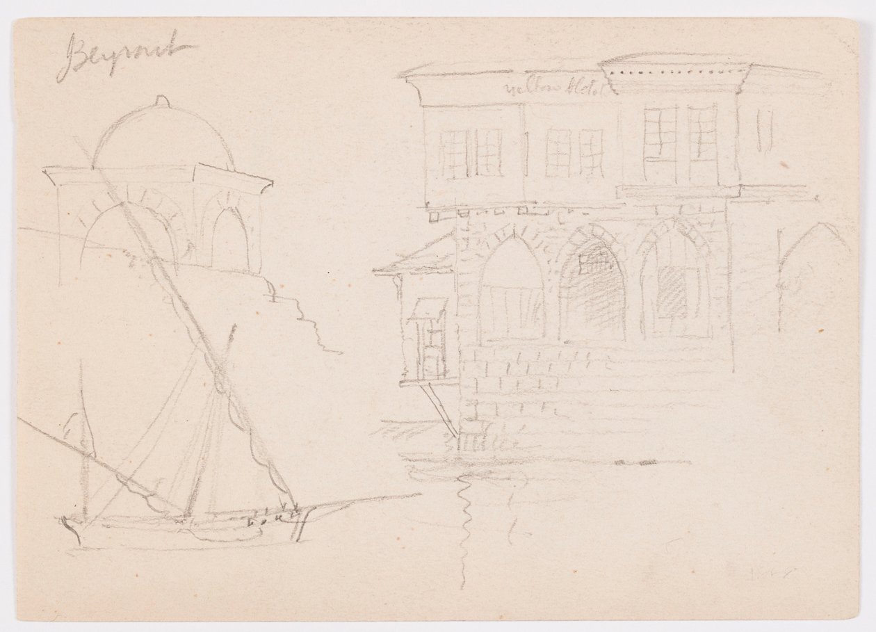 Dibujo, Bocetos de una estructura abovedada, barco y casa señorial, enero de 1868 de Frederic Edwin Church