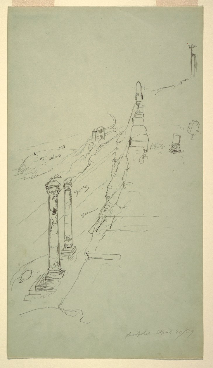 Dibujo, lado sur de la Acrópolis, Atenas desde el este, 20 de abril de 1869 de Frederic Edwin Church