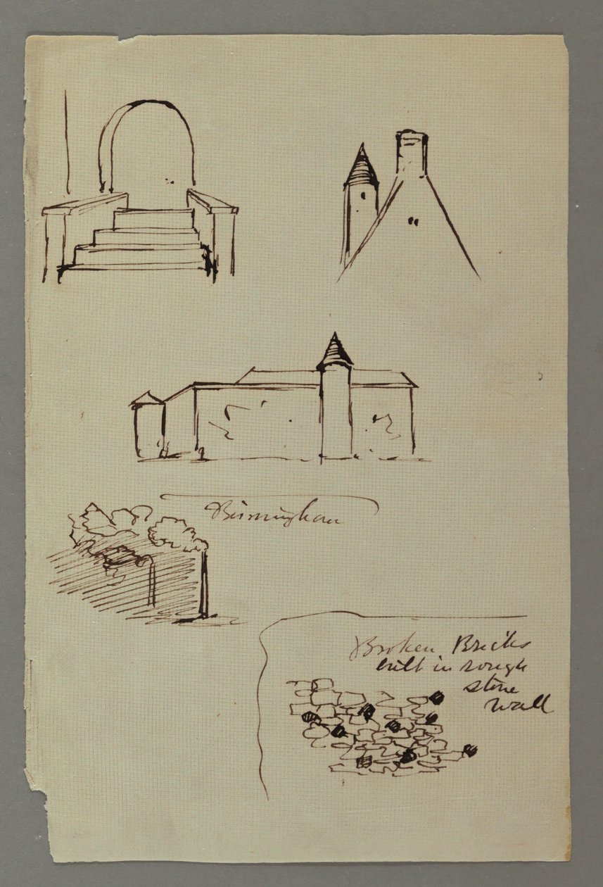 Dibujo, escalera, tejado con torre, muro de piedra, posiblemente 1869 de Frederic Edwin Church