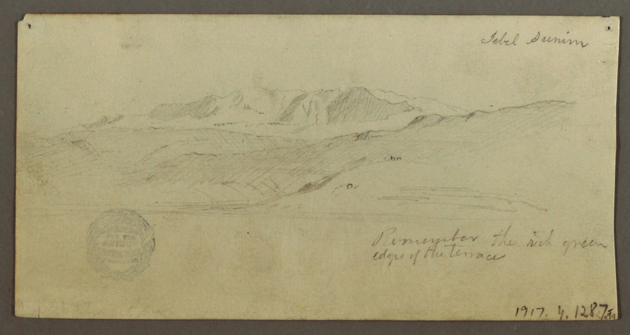 Dibujo, Casa señorial, Figura a caballo, Camello, Estudios arquitectónicos, Palmera, posiblemente 1868 de Frederic Edwin Church