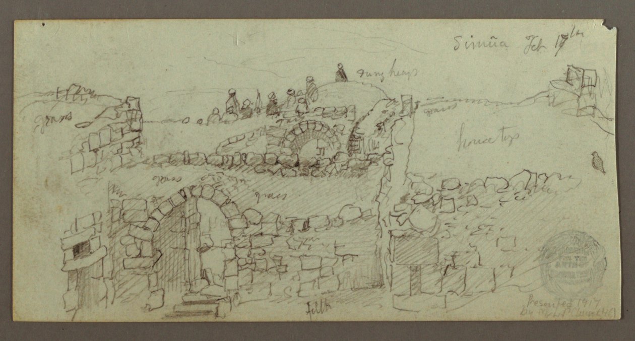 Dibujo, edificio de piedra, hombres reunidos en el tejado, 17 de febrero, posiblemente 1868 de Frederic Edwin Church