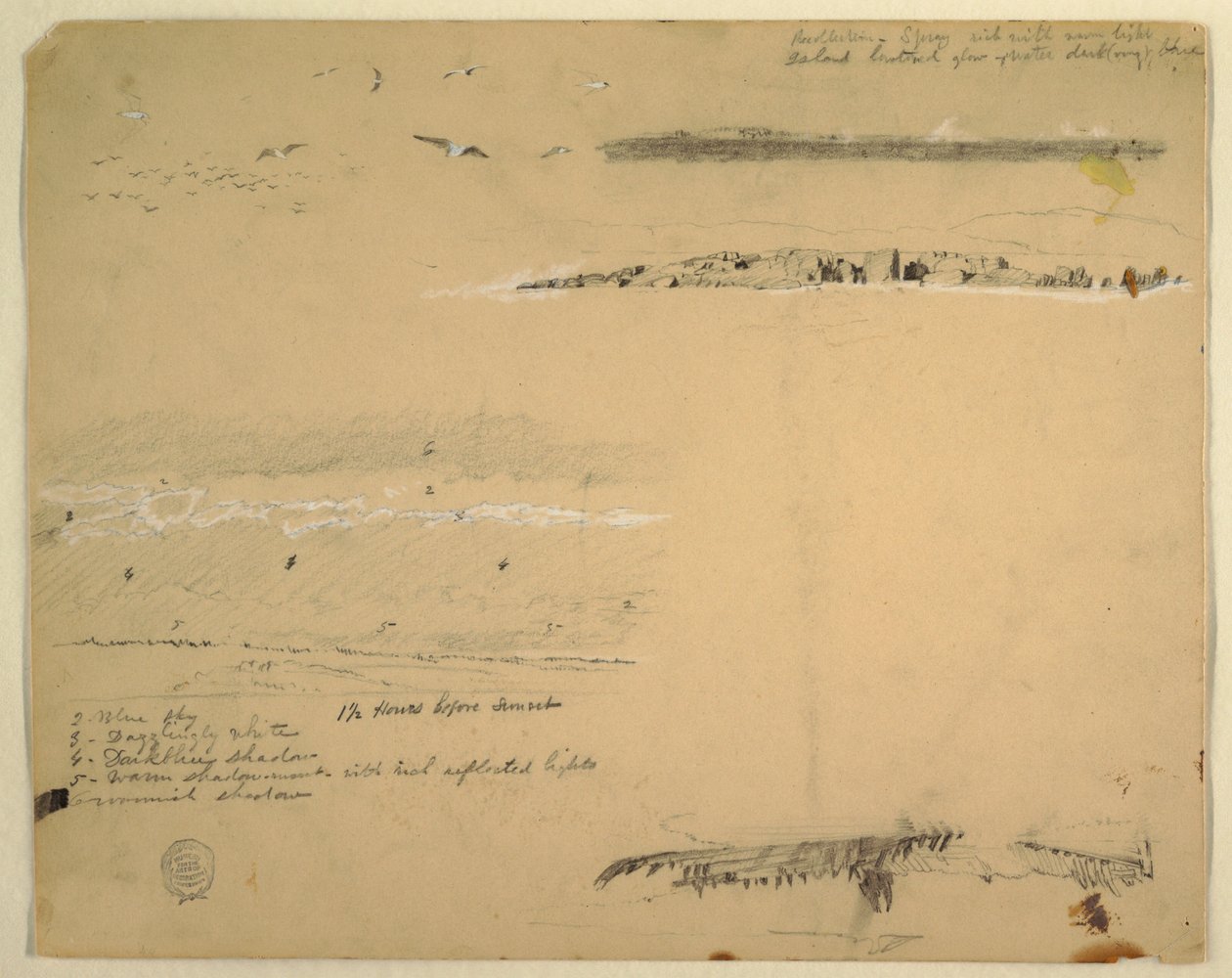 Dibujo, Estudios de gaviotas, costa rocosa y cielo nublado, Gran Manán, Canadá, septiembre de 1851 de Frederic Edwin Church