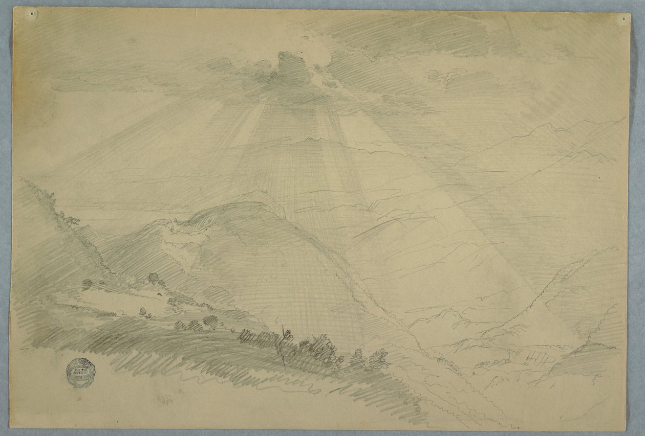 Dibujo, Sol atravesando las nubes sobre un valle montañoso, Jamaica, julio de 1865 de Frederic Edwin Church