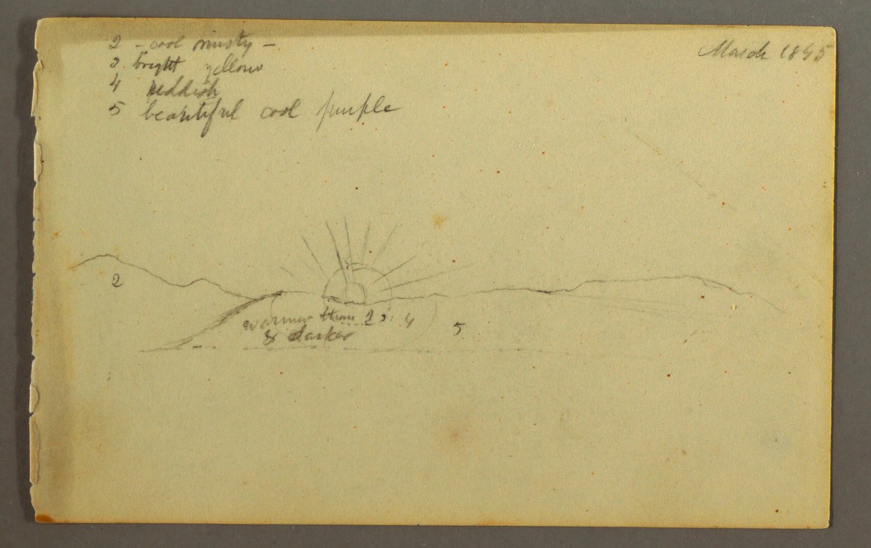 Dibujo, Sol poniéndose tras colinas bajas, 1845 de Frederic Edwin Church