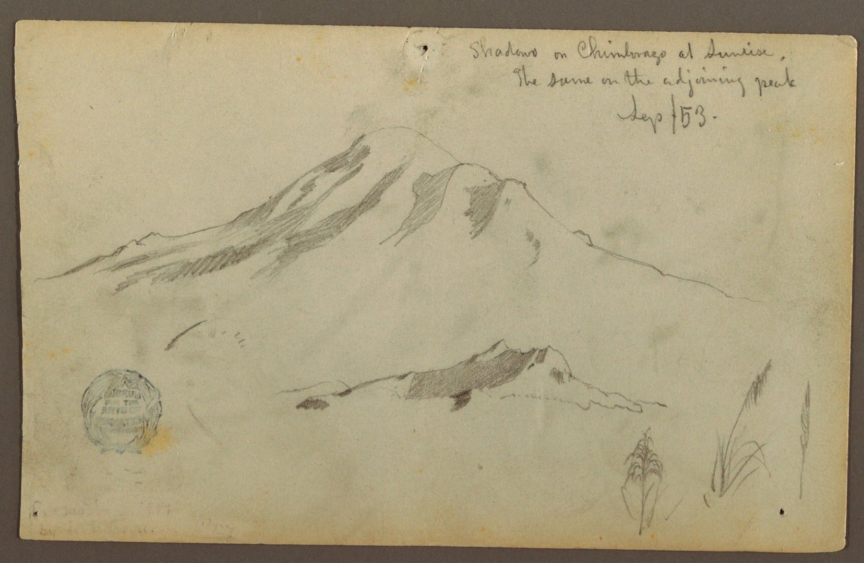 Dibujo, Amanecer en el monte Chimborazo y tres detalles de la hierba, septiembre de 1853 de Frederic Edwin Church
