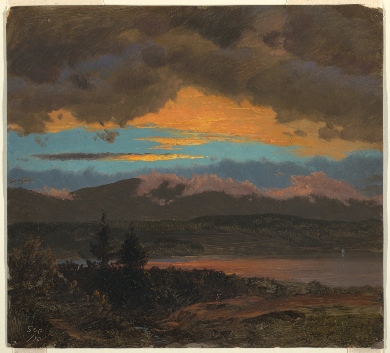 Dibujo, Puesta de sol en el valle del Hudson, Nueva York, septiembre de 1870 de Frederic Edwin Church
