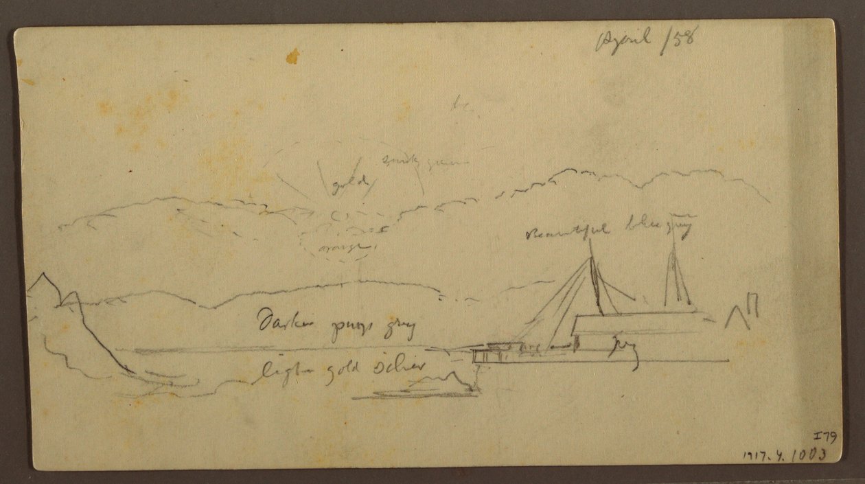 Dibujo, Puesta de sol sobre ribera con barco, 1858 de Frederic Edwin Church