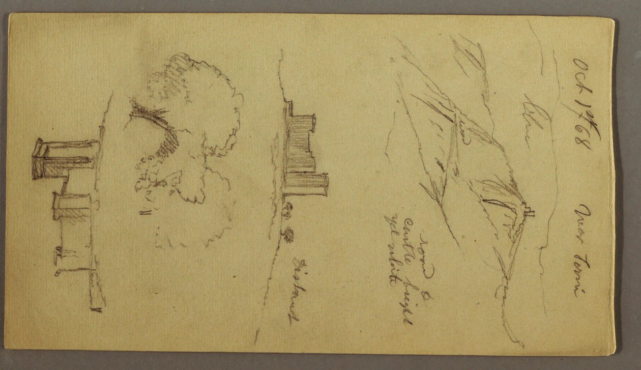 Dibujo, Tres estudios de un castillo en lo alto de una colina, 1 de octubre de 1868 de Frederic Edwin Church