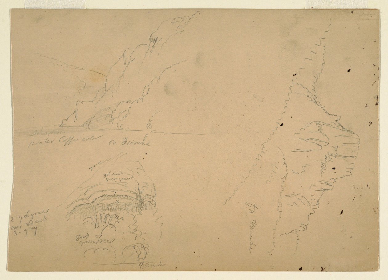 Dibujo, Tres bocetos de escarpadas orillas montañosas del Danubio, 1868 de Frederic Edwin Church