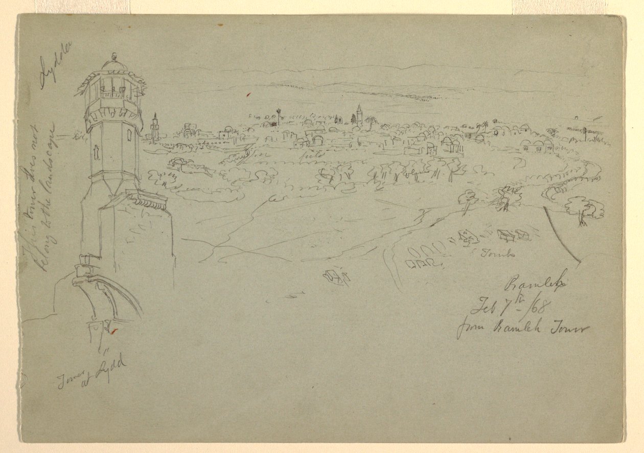 Dibujo, Torre de Lydda y Ramleh vista desde la Torre de Ramleh, Palestina [Ramleh, Israel], 7 y 10 de febrero de 1868. de Frederic Edwin Church