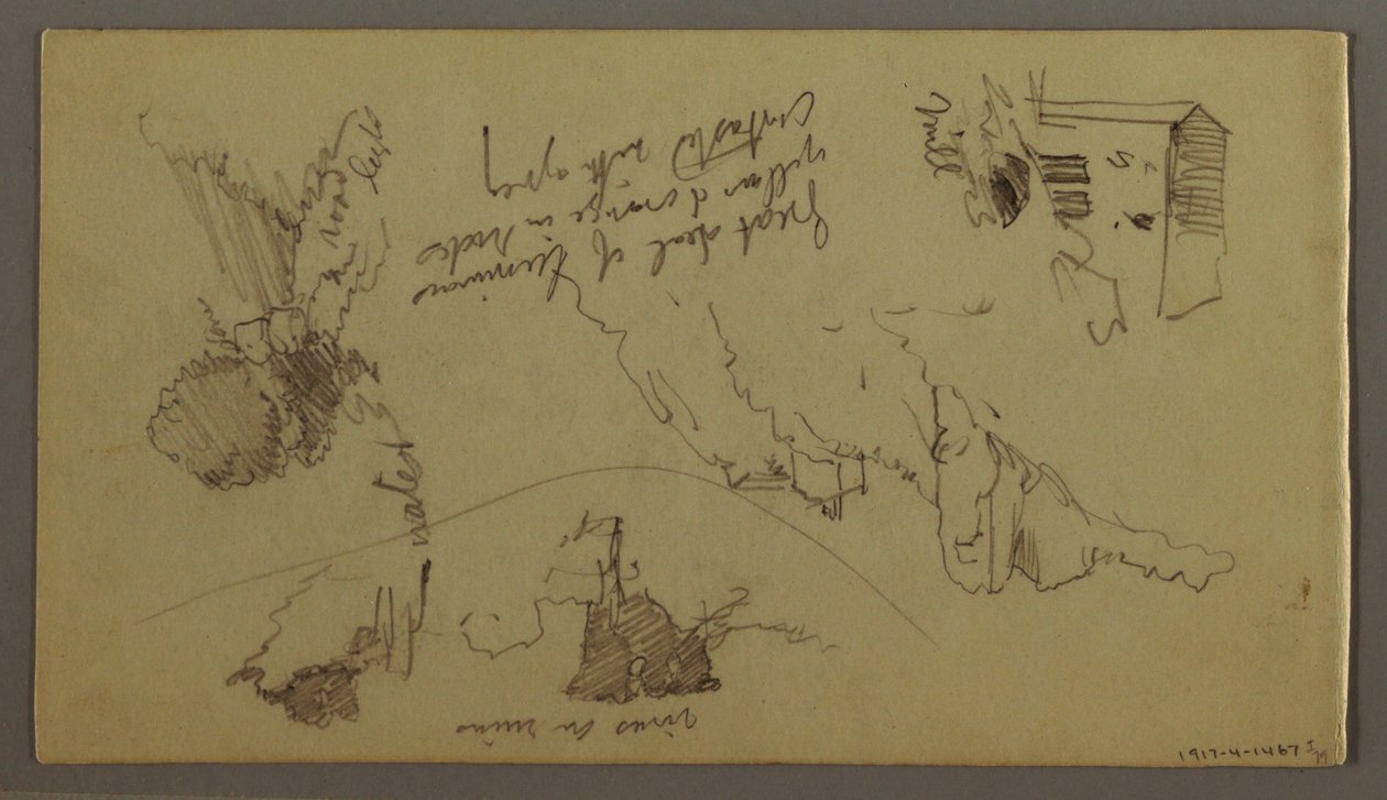 Dibujo, Pueblo bajo la cima de una montaña, Pueblo en la cima de una colina, posiblemente 1868-69 de Frederic Edwin Church