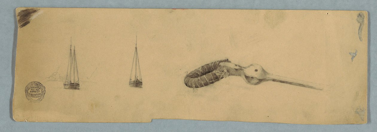 Dibujo, Barco de dos mástiles fondeado y eje de un artefacto, 1850-51 de Frederic Edwin Church