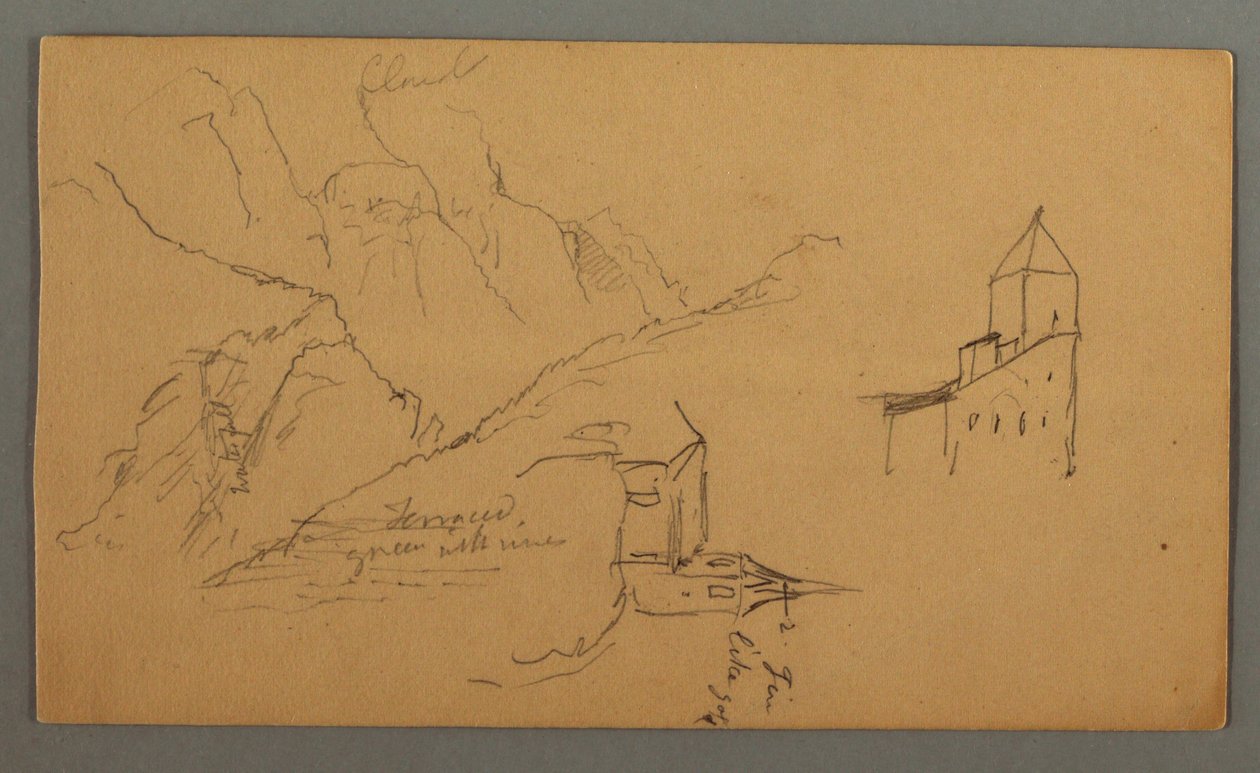 Dibujo, Dos iglesias, Valle, Cascada, 1868 de Frederic Edwin Church