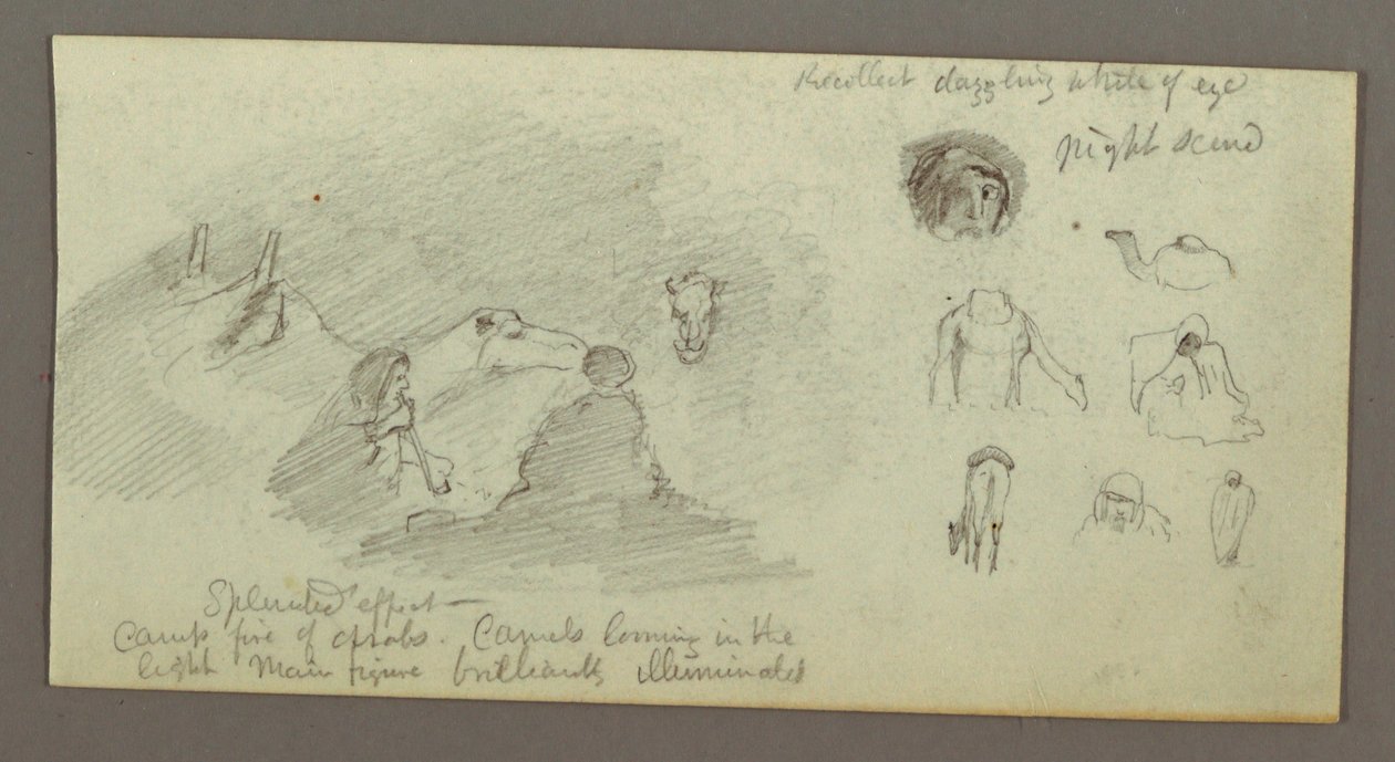 Dibujo, Dos figuras y dos camellos junto a una hoguera, Estudios de figuras y camellos, posiblemente 1868 de Frederic Edwin Church