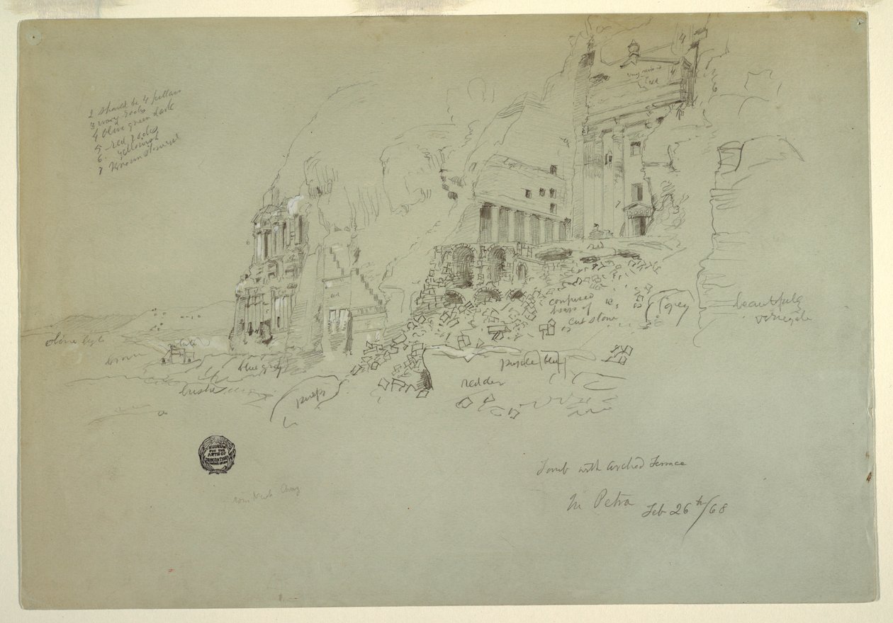 Dibujo, Tumba de la Urna, Tumba de la Seda y Tumba Corintia, Petra, 26 de febrero de 1868. de Frederic Edwin Church