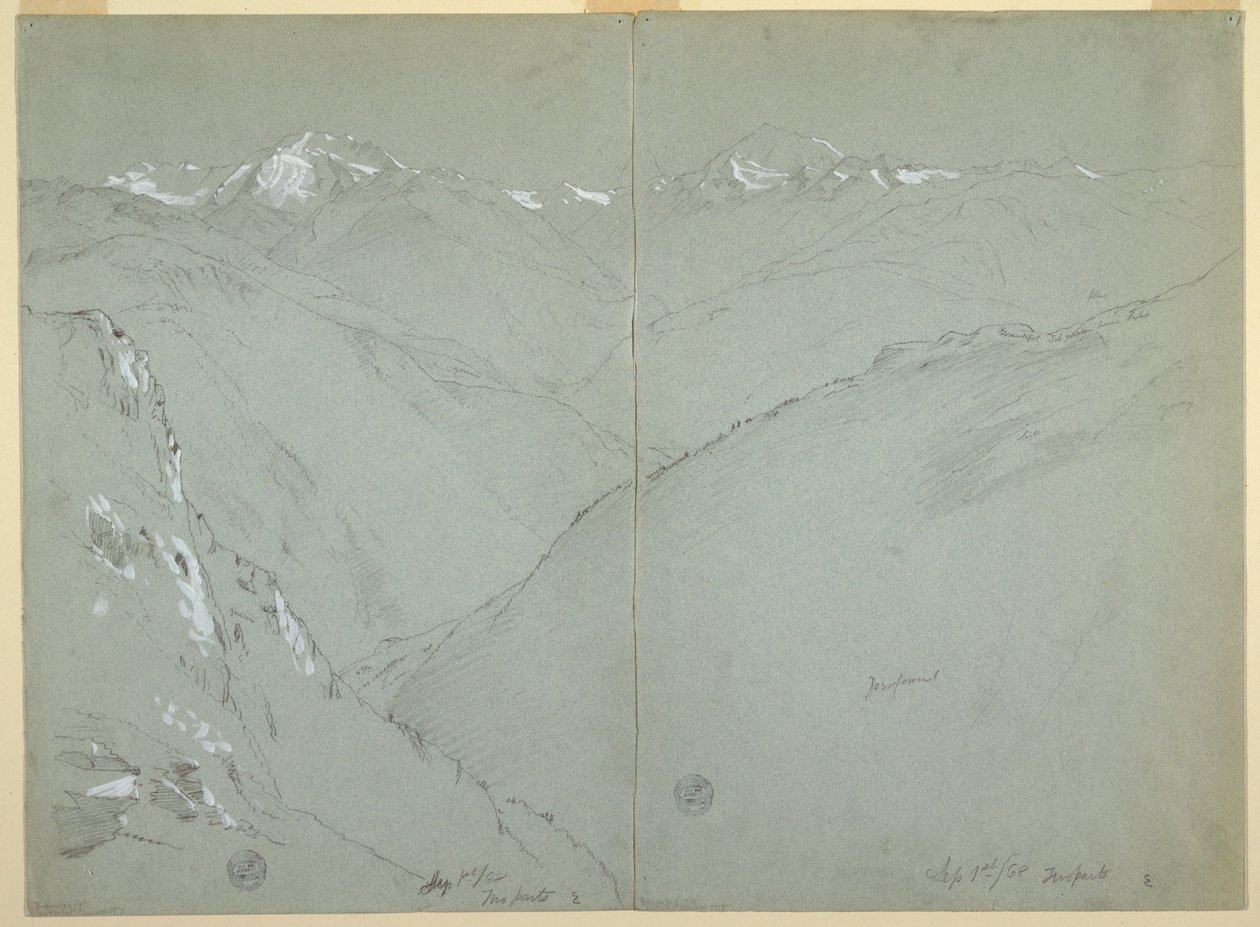 Dibujo, Paisaje de valle con picos nevados, Alpes berneses, Suiza, 1ª parte, 1 de septiembre de 1868 de Frederic Edwin Church