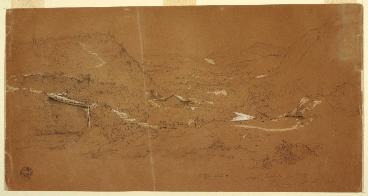 Dibujo, Valle con un puente y casas, cerca de Guaranda, Ecuador, 5 de junio de 1857 de Frederic Edwin Church
