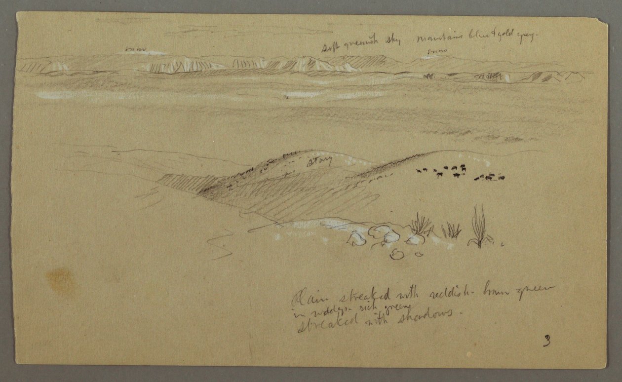 Dibujo, Vista de las colinas y la llanura hacia las montañas, Valle de El Yemen, febrero de 1868 de Frederic Edwin Church