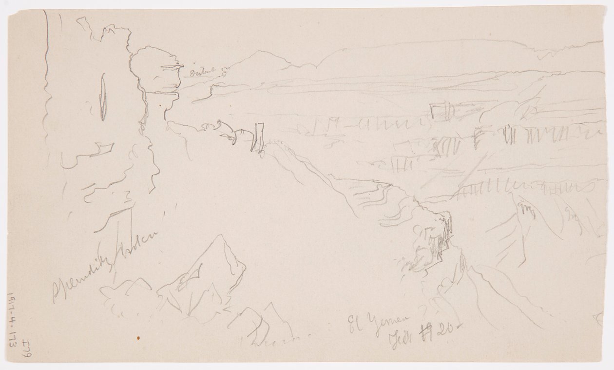 Dibujo, Vista de las colinas y la llanura hacia las montañas, Valle de El Yemen, febrero de 1868 de Frederic Edwin Church