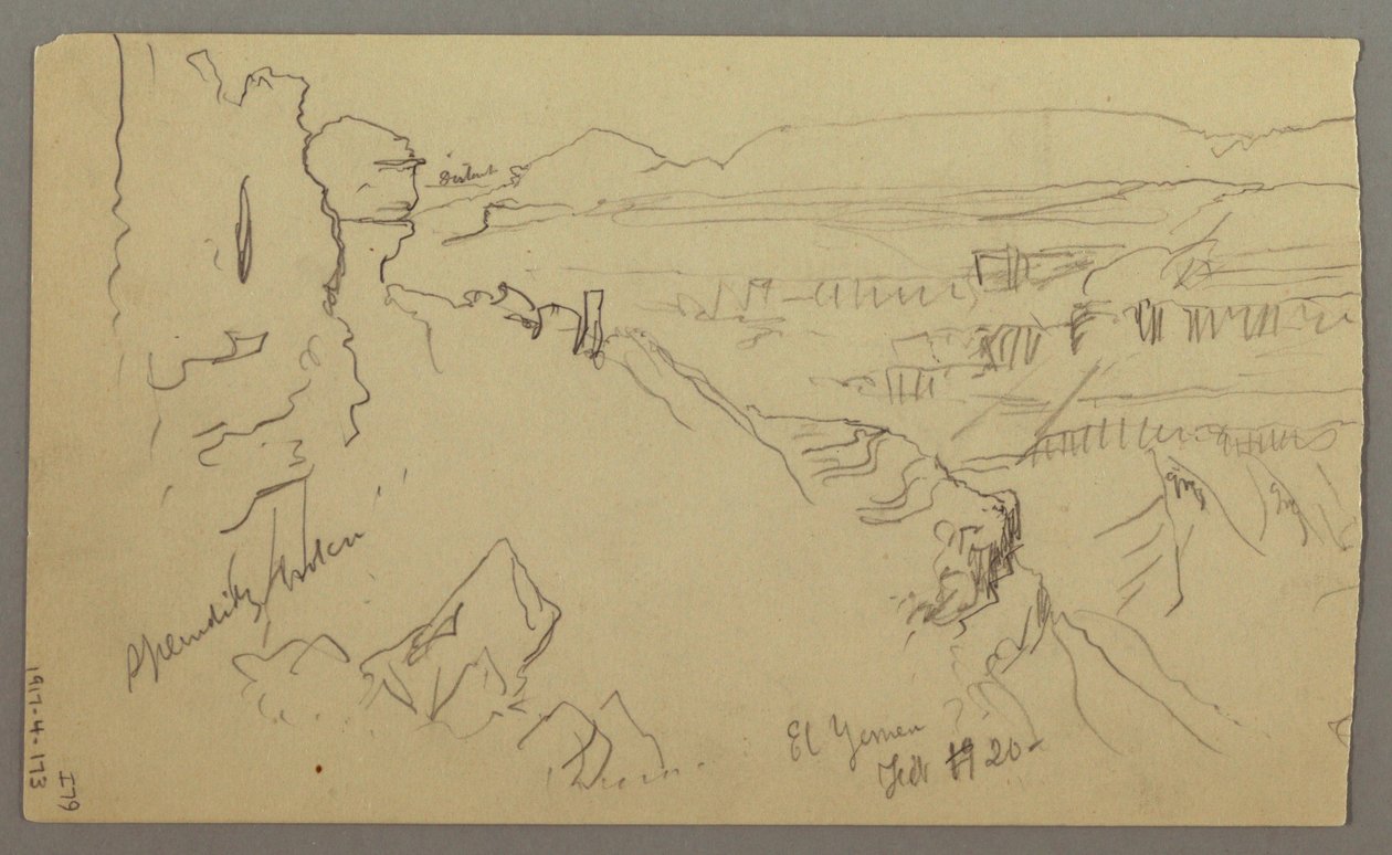 Dibujo, Vista de las colinas y la llanura hacia las montañas, Valle de El Yemen, febrero de 1868 de Frederic Edwin Church