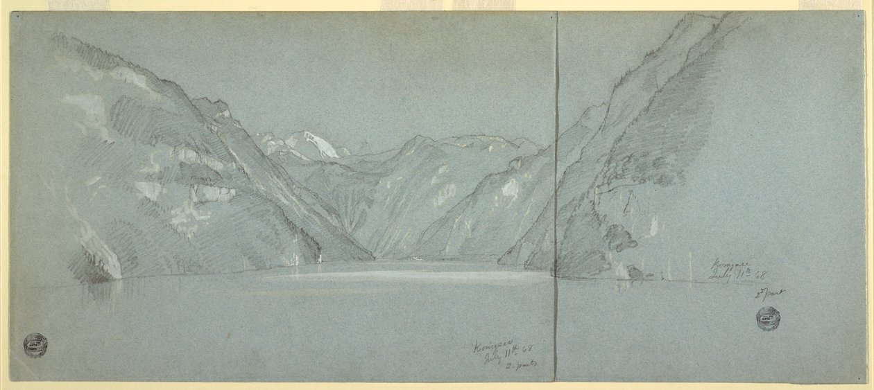 Dibujo, Vista del lago Konigssee con el Falkenstein, cerca de Berchtesgaden, Baviera, Alemania, Parte 2, 11 de julio de 1868 de Frederic Edwin Church
