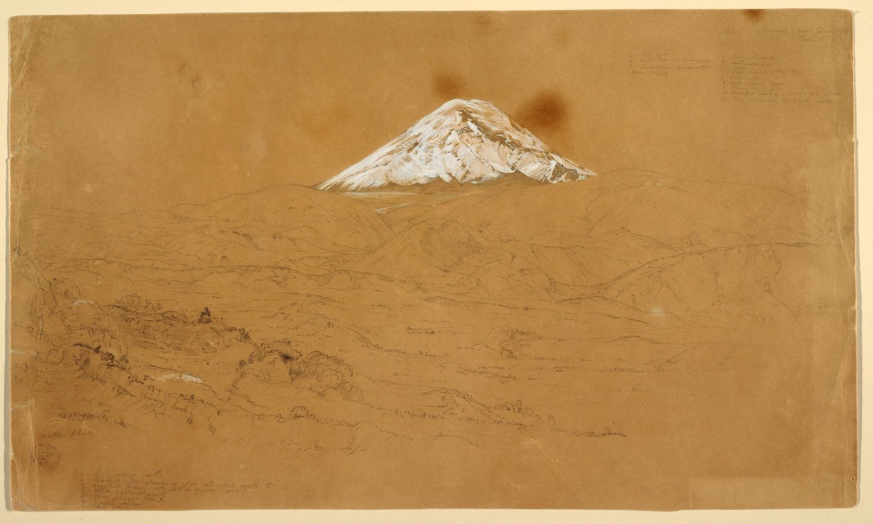 Dibujo, Vista del monte Chimborazo cubierto de nieve, dibujado cerca de Guanojo y Guaranda, Ecuador, 12 de junio de 1857 de Frederic Edwin Church