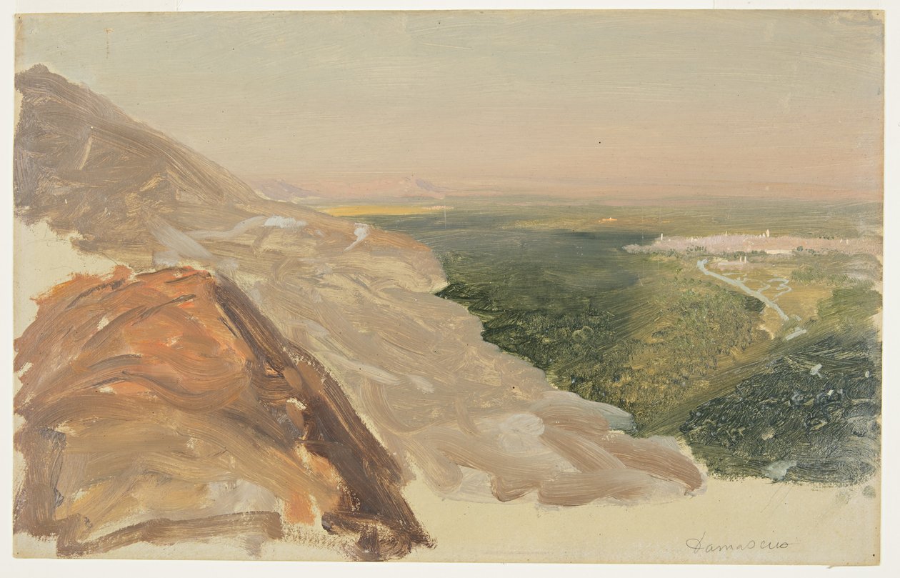 Dibujo, Vista de una llanura con Damasco, Siria, desde las montañas., mayo de 1868 de Frederic Edwin Church