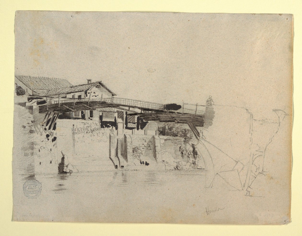 Dibujo, Vista del puente y las casas de Honda, Colombia, 1853 de Frederic Edwin Church